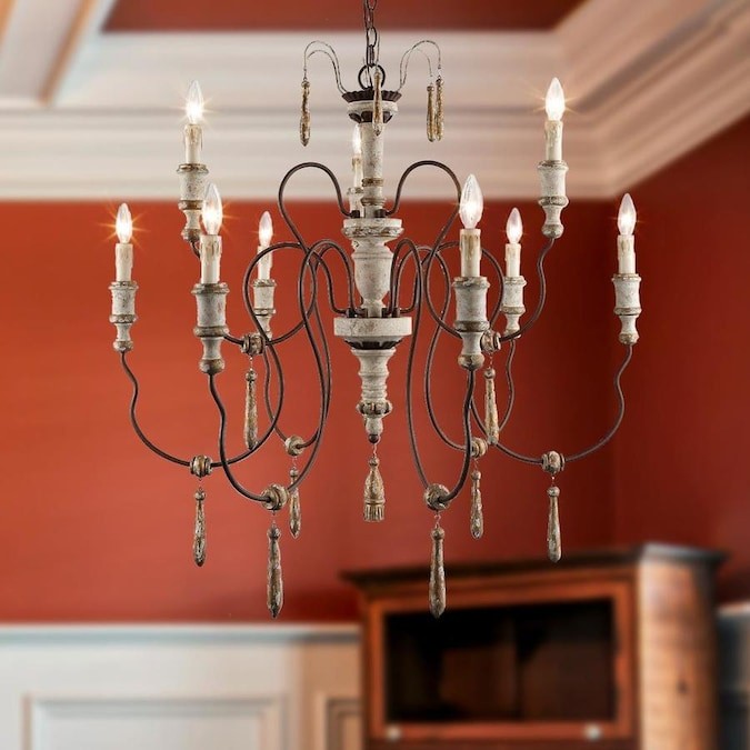 LNC Andromeda 9-Light Distressed White Wood Farmhouse Beaded Chandelier Lowes.com | Lowe's