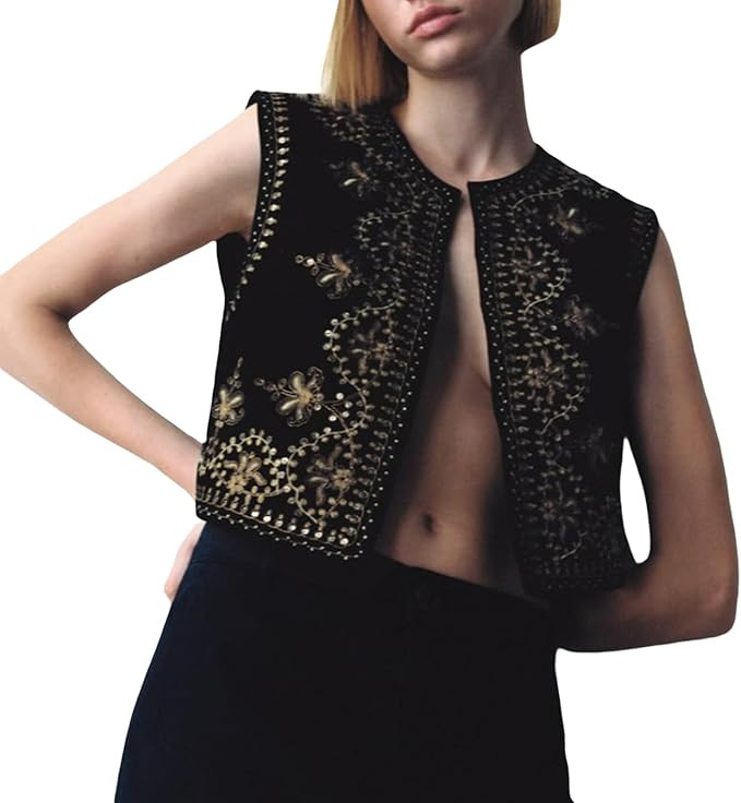 hathne Floral Embroidered Vest for Women Boho Vintage Sleeveless Open Front Vests Tops Waistcoat | Amazon (US)