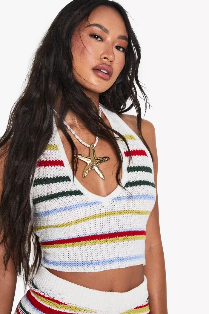 Crochet Stripe Halterneck Top and Short Set | boohoo (US & Canada)