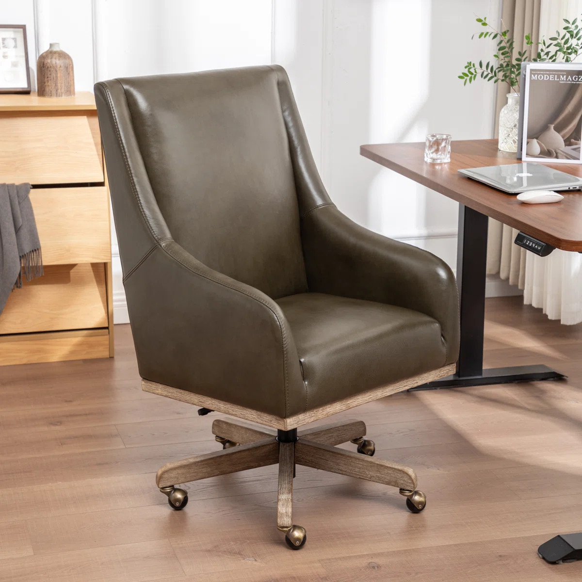 Jamestown Genuine Leather Office Chair With Solid Wood Legs | Wayfair North America