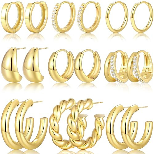 FAXHION 9 Pairs Gold Hoop Earrings for Women, 14K Gold Plated Chunky Hoop Earrings Set, Hypoallergenic Thick Lightweight Earring for Womens Jewelry Gifts | Amazon (US)