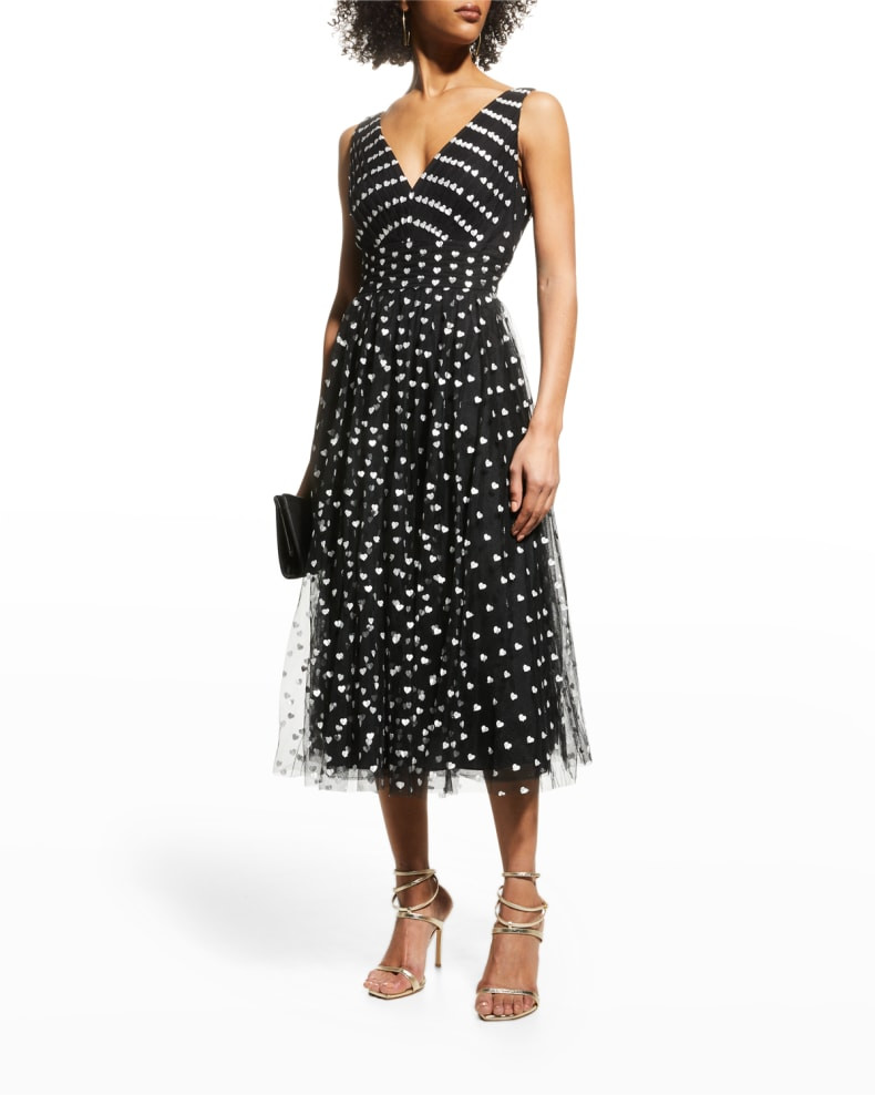 Marchesa Notte Heart-Print Pleated Tulle Dress | Neiman Marcus