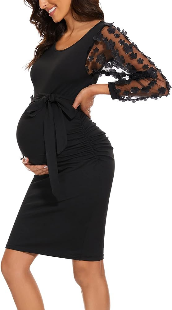 Floral Mesh Bishop Long Sleeve Maternity Midi Dress, Fall Maternity Bodycon Dress for Baby Shower | Amazon (US)