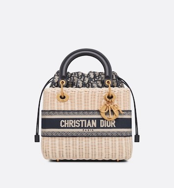 Medium Lady Dior Bag Natural Wicker and Blue Dior Oblique Jacquard | DIOR | Dior Couture