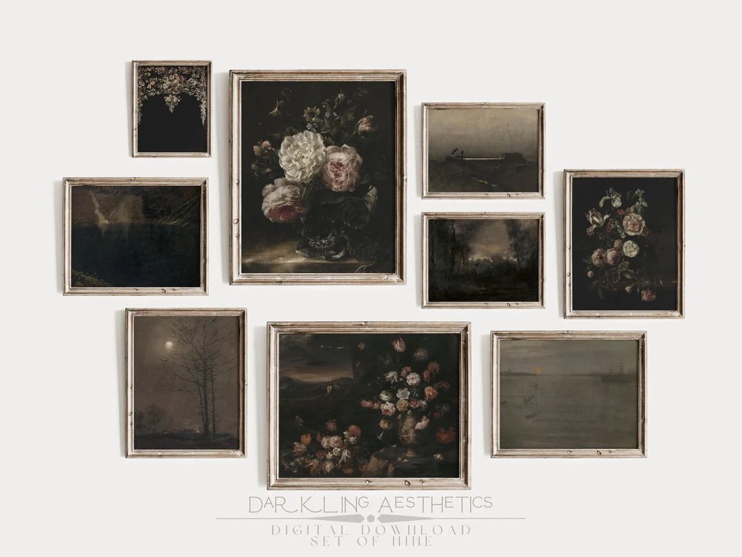 Set of 9 Dark Florals & Landscapes Prints Vintage Moody Victorian Printable Gallery Wall Art Dark... | Etsy (US)