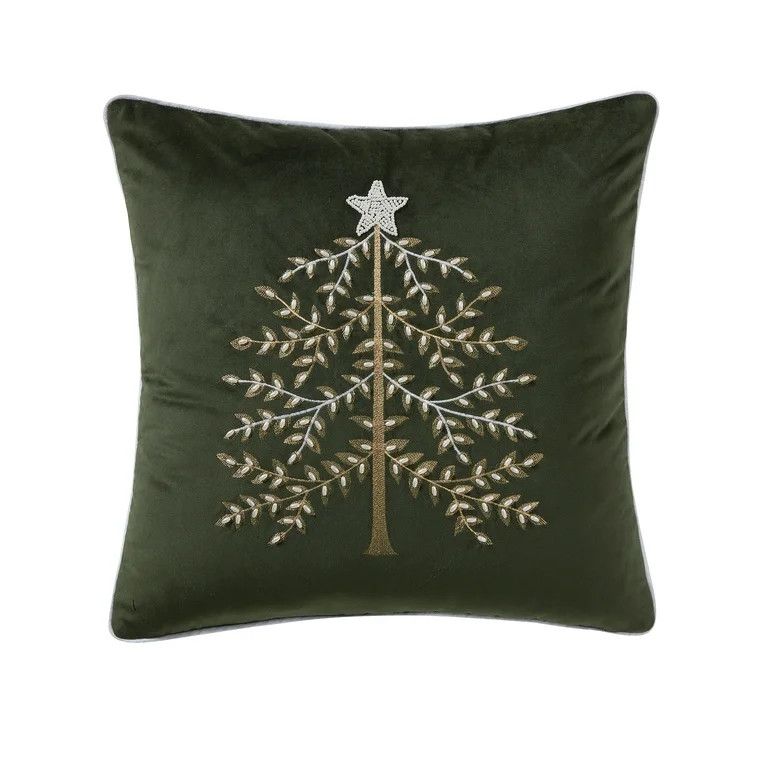 My Texas House Margaret 20" x 20" Green Velvet Embroidered Decorative Pillow Cover | Walmart (US)