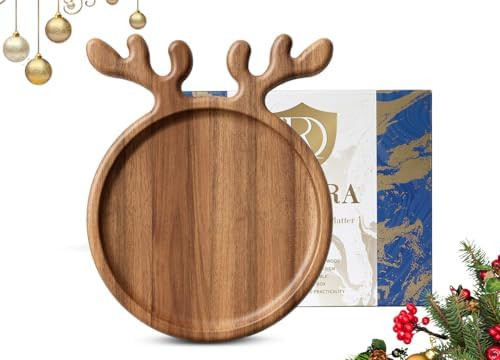 Acacia Wood Serving Platter, Christmas Decorative Reindeer Antler, 12"x10"Round Wooden Food Dish ... | Amazon (US)