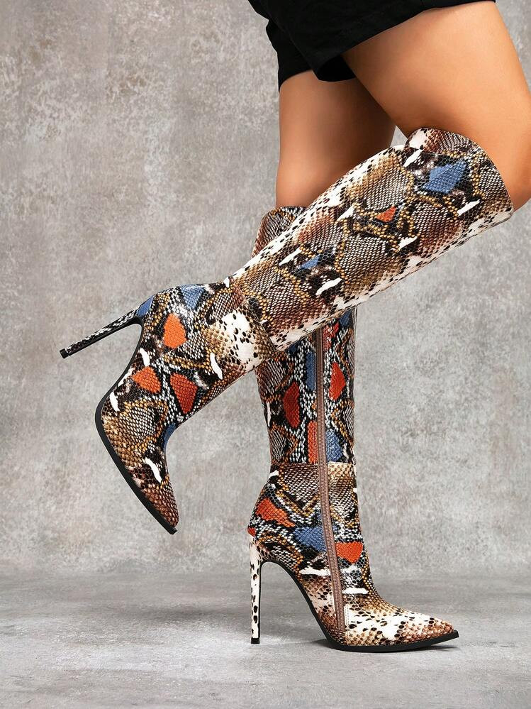 CUCCOO SZL Sexy Fashion Colorful Snake Pattern Pointed Toe Stiletto High Heel Casual Versatile Side Zipper Knee High Boots For Women Spring Shoes Spring Break Easter | SHEIN