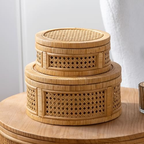 Rattan Decorative Box, Boho Display Boxes with Lids, Set of 2 Rectangular Wicker Storage Basket, ... | Amazon (US)