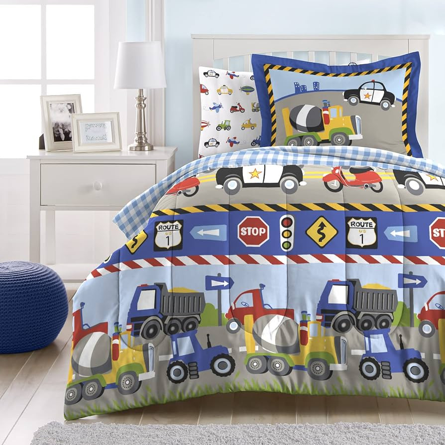 dream FACTORY Trucks Tractors Cars Boys 5-Piece Bedding Comforter Sheet Set, Twin Blue Red Multi | Amazon (US)