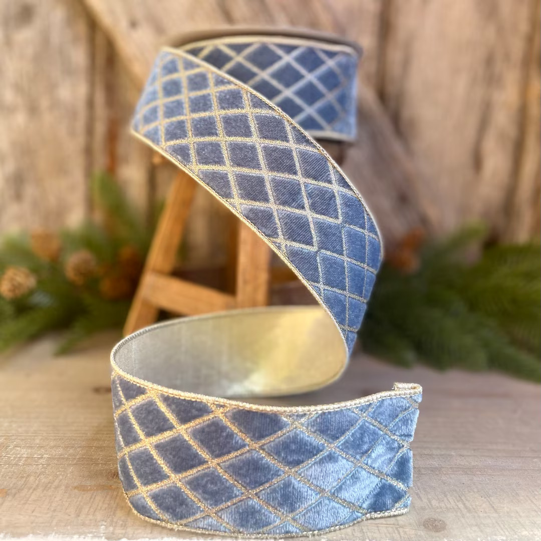 2.5" Steel BLUE Metallic Diamonds Velvet Ribbon, Farrisilk Ribbon, BLUE Velvet, Christmas Tree Ri... | Etsy (US)