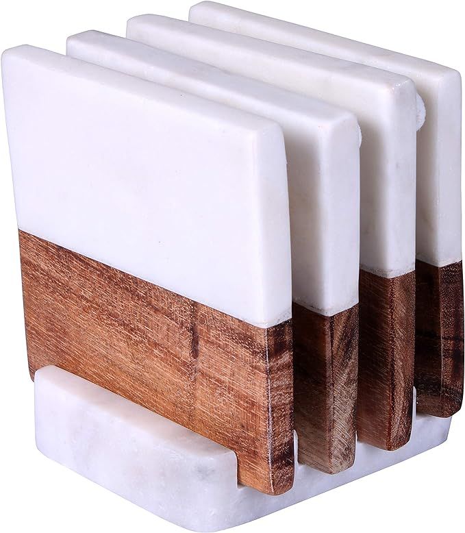 Marble and Wood Coaster Set with Holder- Square Set of 4- Half Wood & Half Marble Coasters for Dr... | Amazon (US)