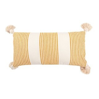 Cream Cotton & Chenille Pillow with Vertical Stripes, Tassels & Solid Cream Back (Mustard Lumbar) | Bed Bath & Beyond