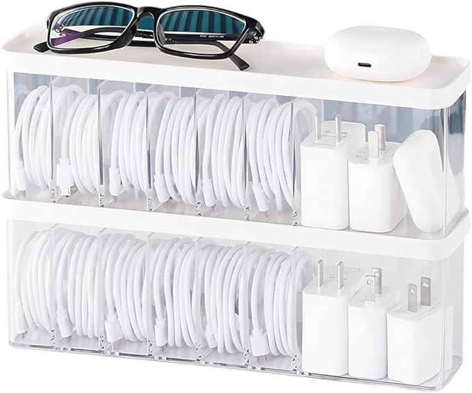 Charger Cable Cord Storage Organizer Box - 2 Pack With Lid - Easy Storage Without Cable Ties | Amazon (US)