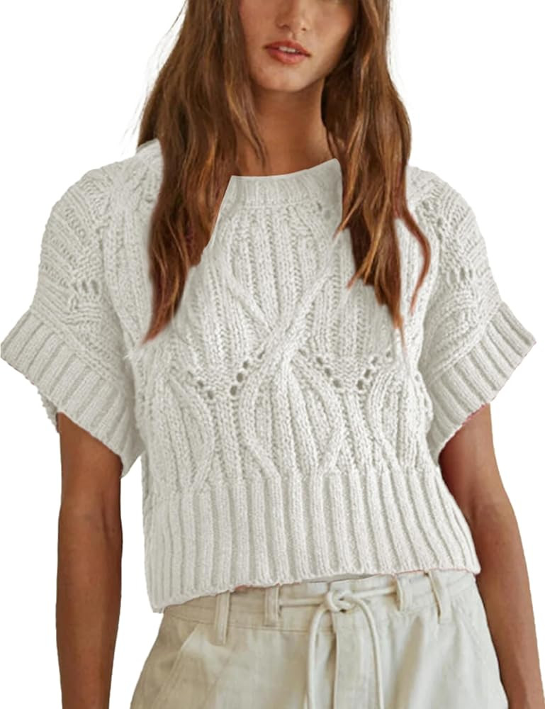 Womens Sweater Vest Crew Neck Short Sleeve Crochet Hollow Out Jumper Cable Knit Cropped Pullover ... | Amazon (US)