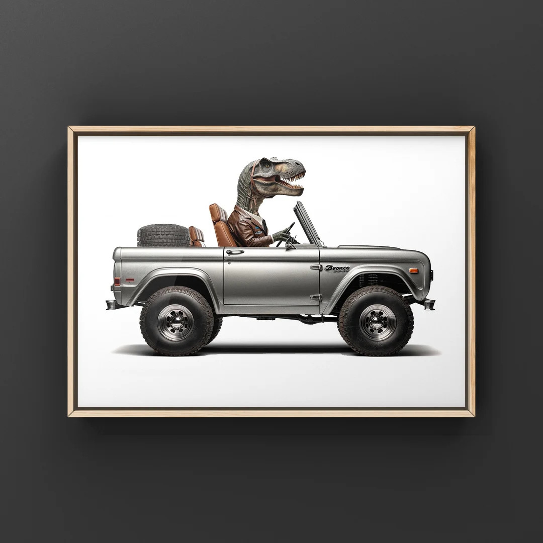 T-Rex Driving 1970s Silver Bronco, Photo Print, Boys Room Decor, Dinosaur Art, unframed print or ... | Etsy (US)