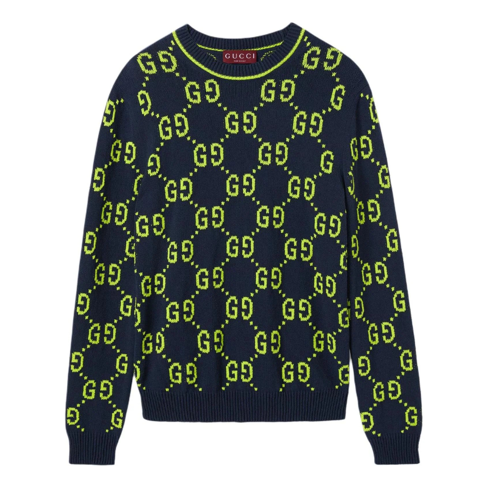 Gucci GG Cotton Jacquard Crewneck Sweater 'Navy Lime Green' 791043-XKD35-0401 | KICKS CREW