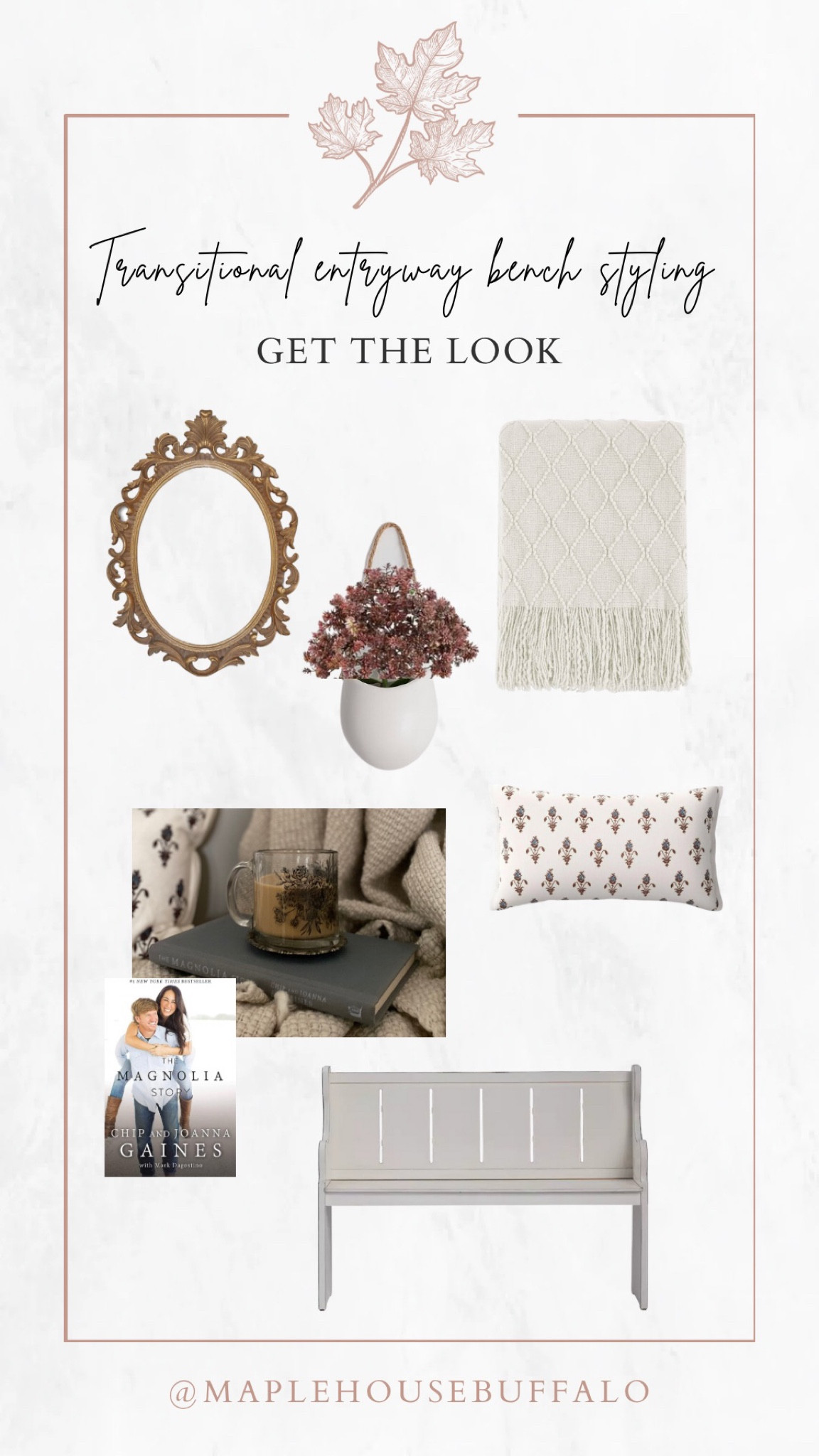 Transitional entryway styling - I just did a little makeover of my entryway bench / staircase nook and here are some of the exact items I used for the space! The beautiful floral mug is from my home decor shop - www.maplehousecollection.com !

Throw pillows | throw blankets | fall transition | entryway bench | foyer styling | Magnolia Story | Joanna Gaines | faux florals | vintage oval gold mirror 

#LTKSeasonal #LTKstyletip #LTKhome