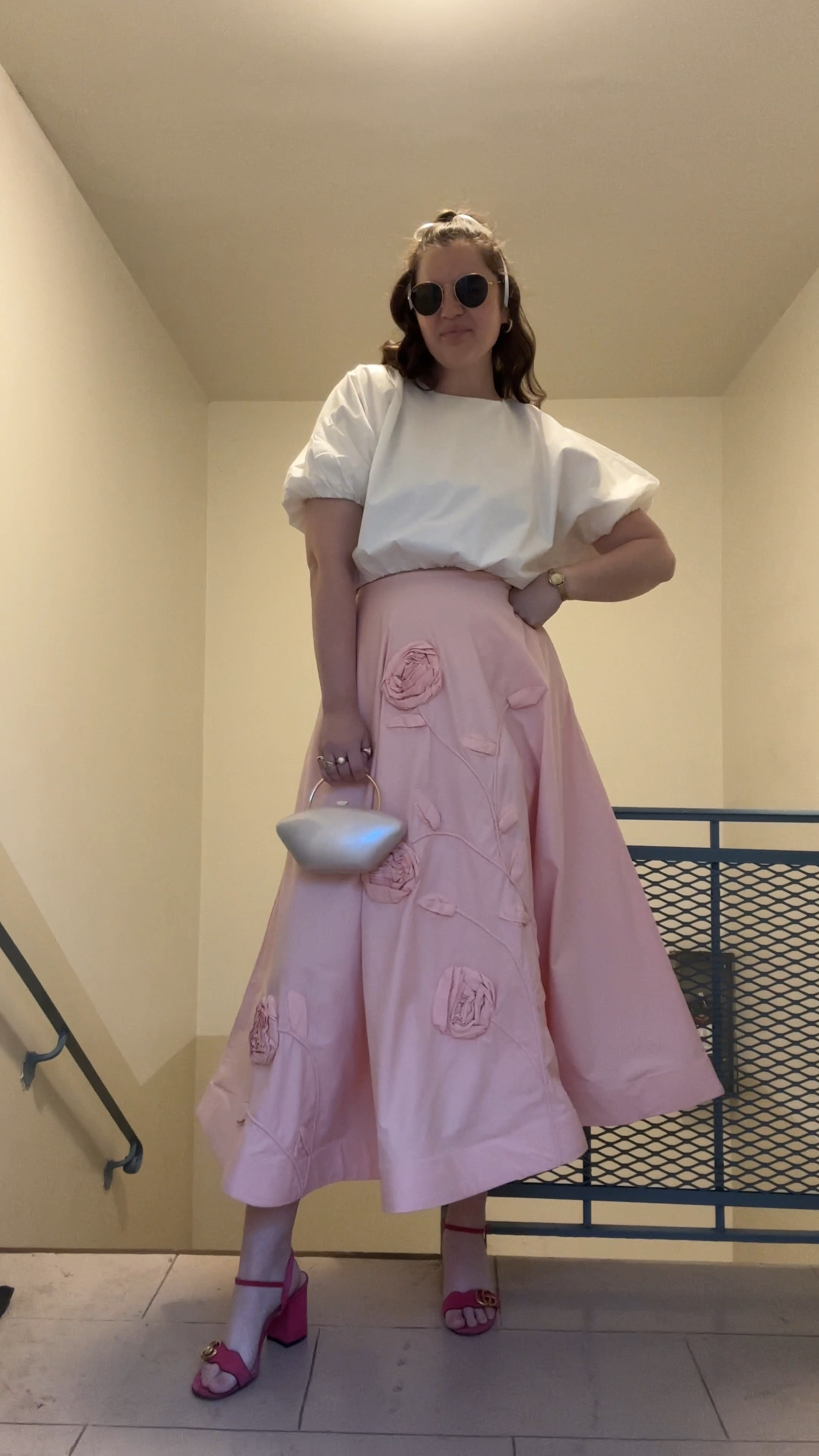 MIKOH Opihi Bubble Sleeve Crop Top from shopbop, white blouse, anthropologie Forever That Girl 3D Rose Maxi Skirt, peach / pink midi skirt, floral print, spring / summer, date night outfit, gucci hot pink marmont sandals heels, designer pink shoes, gold jewelry from Amazon (hoop earrings, rings), rayban sunglasses, thin white satin ribbon from amazon for hair bow, acrylic pearl bag / purse

#LTKfindsunder100 #LTKstyletip #LTKfindsunder50