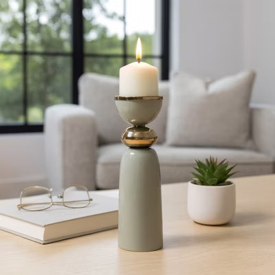 Elegant Curvy Candle Holder for Home Decor - Stylish Pillar Candlestick Holder for Table Centerpiece or Entryway - 13", Sage & Gold | Target