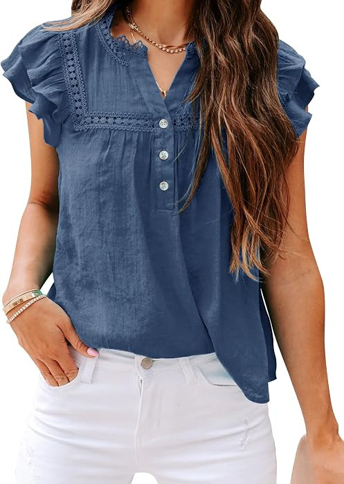 Women's V Neck Lace Crochet Shirts Button Down Short Sleeve Casual Blouse Tops | Amazon (US)