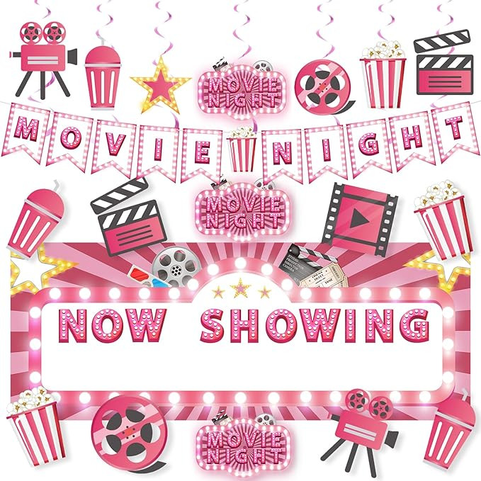 Pink Movie Night Party Decorations 36Pcs Now Showing Party Supplies Include Movie Theme Party Ban... | Amazon (US)