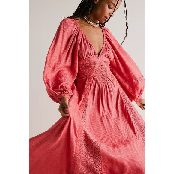 Free People South West Lace Maxi Boho Dress in Rose Small Long Sleeve V-Neck | Poshmark