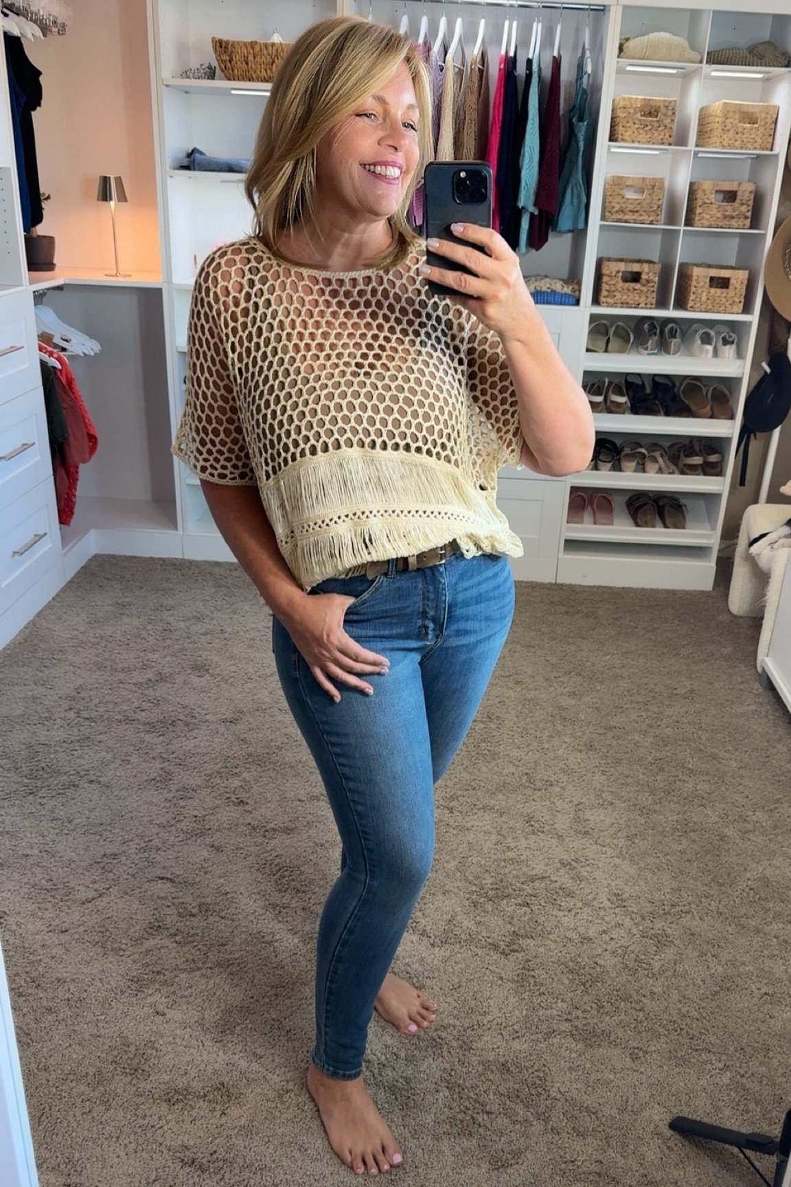 I got this cream crochet sweater that’s perfect for the warmer days. It’s wonderfully light and air just right for layering over a tank top when I want a bit of style without the heat. The open weave lets the breeze through so I stay cool and comfortable even when the sun is out.  It’s one of those go to pieces that effortlessly dresses up a casual outfit or adds a chic twist to an evening look. 

#LTKOver40 #LTKFindsUnder50 #LTKSeasonal