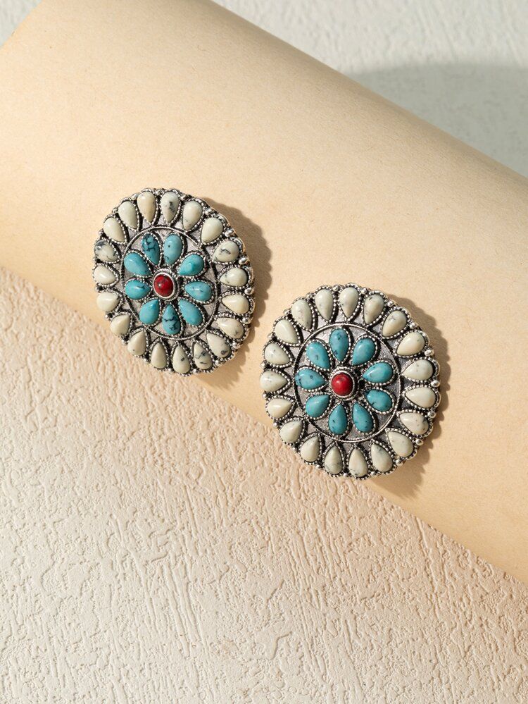 EMERY ROSE Turquoise Decor Round Design Stud Earrings | SHEIN
