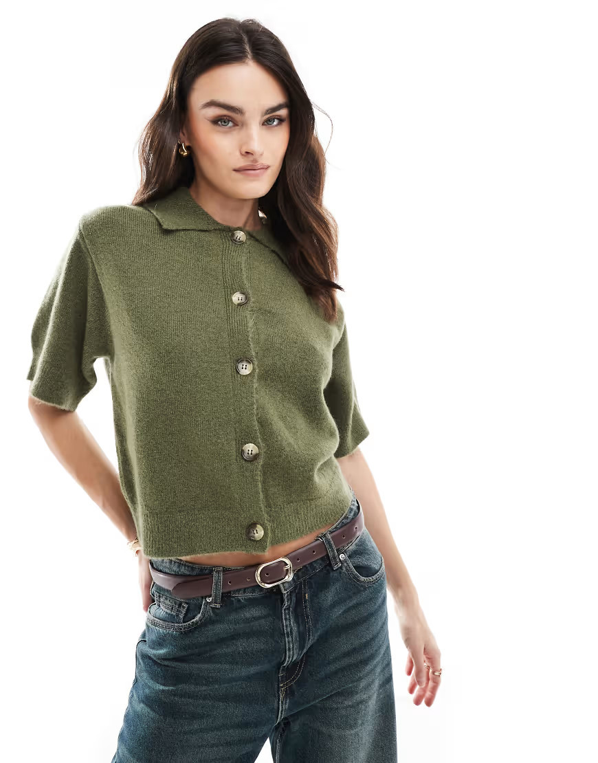 ASOS DESIGN knitted short sleeve shirt cardigan in khaki-Green | ASOS (Global)