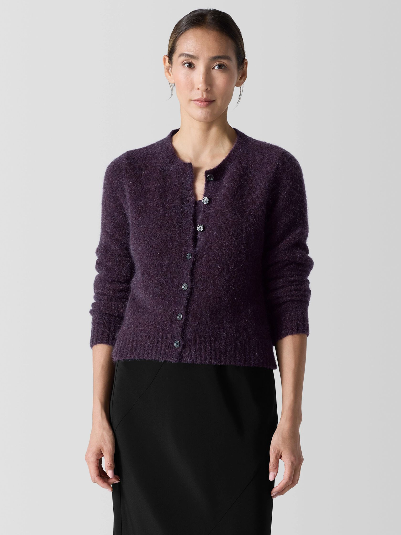 Mohair Plush Mélange Crew Neck Cardigan | Eileen Fisher