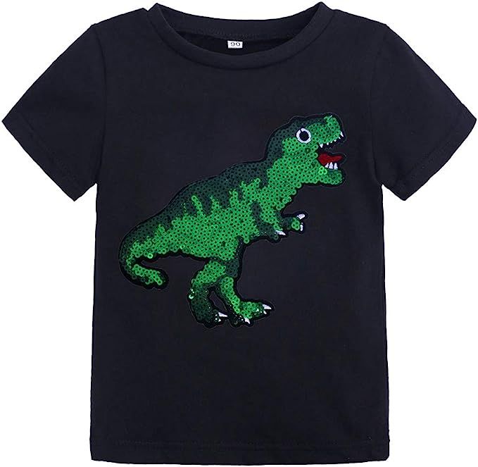 Mary ye Boys Cotton Short Sleeve T-Shirt Kids Sequins T Rex Dinosaur Tees Tops | Amazon (US)
