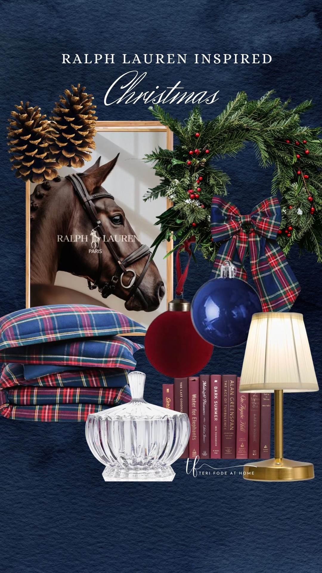 A Ralph Lauren inspired, navy and red tartan plaid pillows, navy, and red tartan plaid ribbon, leather books, crystal candy jar, table, navy ornaments, burgundy velvet ornaments, large pinecones, Ralph Lauren equestrian horse wall art

#LTKSeasonal #LTKHome #LTKHoliday