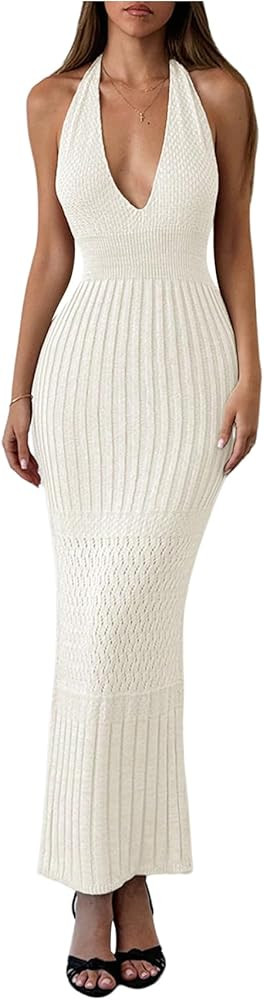 GORGLITTER Women's Crochet Halter Maxi Dress Backless Deep V Neck Bodycon Long Knit Dresses | Amazon (US)