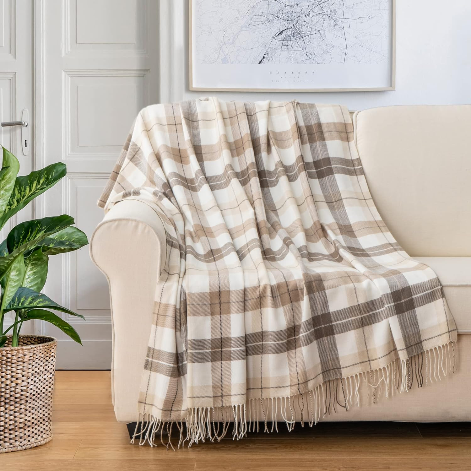 BATTILO HOME Fall Plaid Throw Blanket for Couch, Farmhouse Checkered Decor Throw, Lightweight Bei... | Amazon (US)