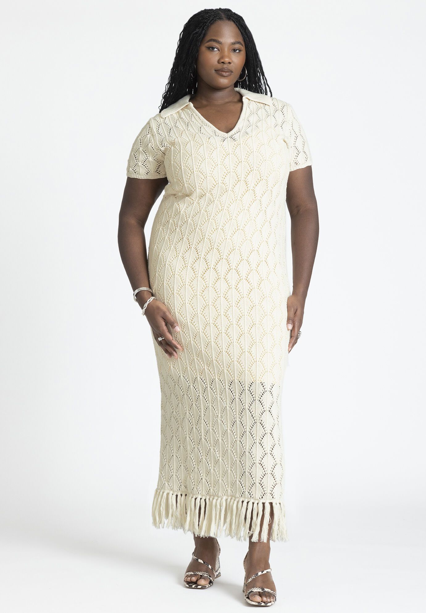Crochet Maxi Dress With Collar & Fringe | Eloquii