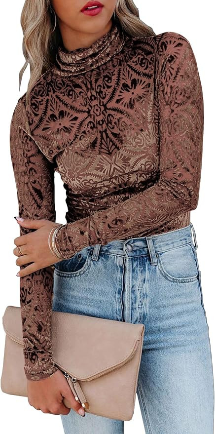 miduo Womens Slim Fit Velvet Burnout Top Cowl Neck Long Sleeve See Through Shirt Blouses Tops | Amazon (US)