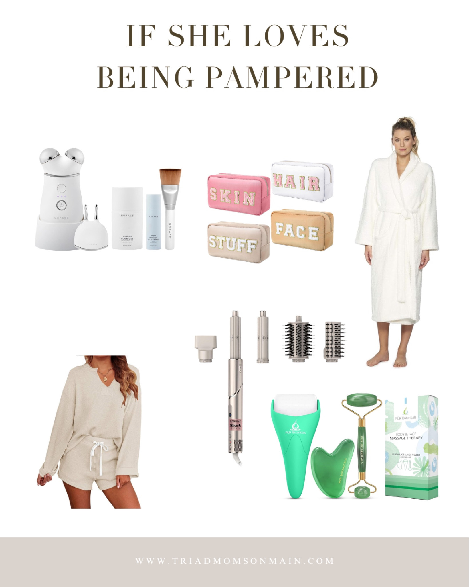 Gift ideas if she loves to be pampered. Facial skin set, ice, jade roller, cosmetic bags, comfortable, sleepwear, barefoot, dream, cozy, chic robe, shark flex style blowdryer and curling iron. 

#LTKFindsUnder50 #LTKHoliday #LTKGiftGuide