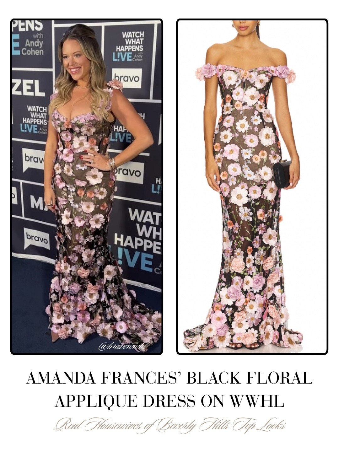 Amanda Frances’ Black Floral Appliqué Dress on WWHL 📸 = @bravowwhl 