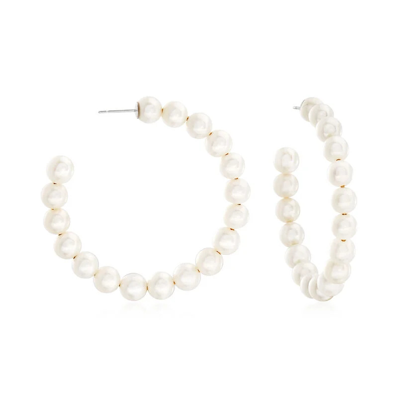 6-7mm Cultured Pearl Hoop Earrings in Sterling Silver. 1 3/4" | Ross-Simons