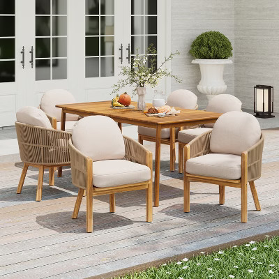 Christopher Knight Home Charles 7 Piece Outdoor Acacia Wood and Rope Dining Set with Cushion, Teak/Beige | Target