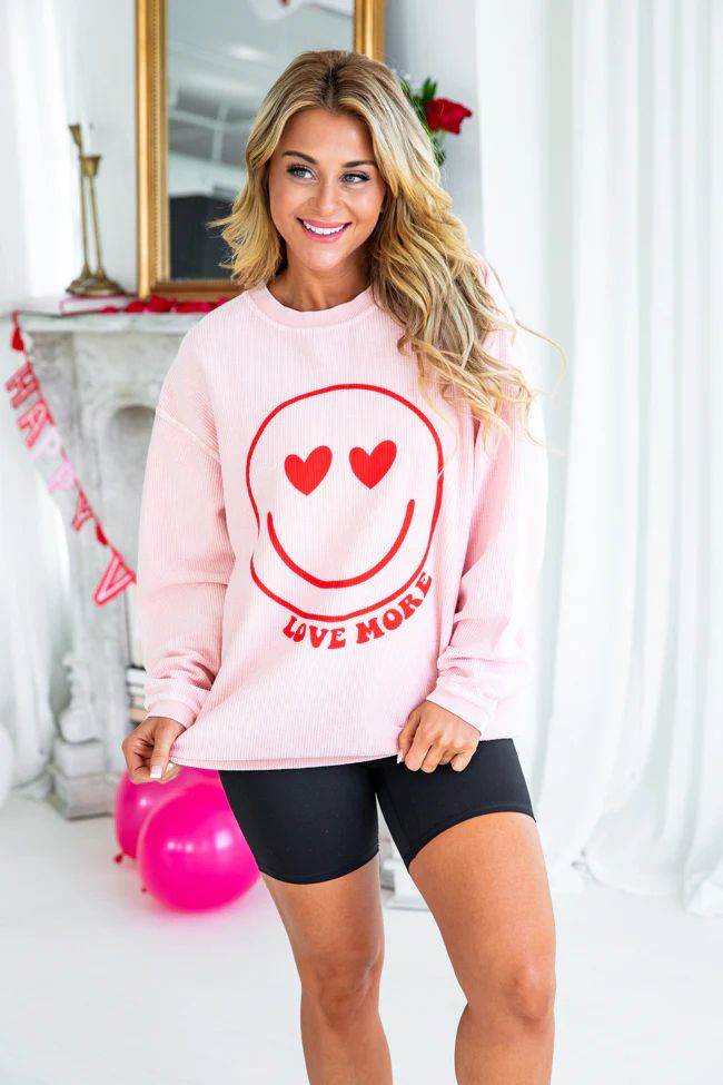 Love More Smiley Pink Corded Graphic Sweatshirt | Pink Lily