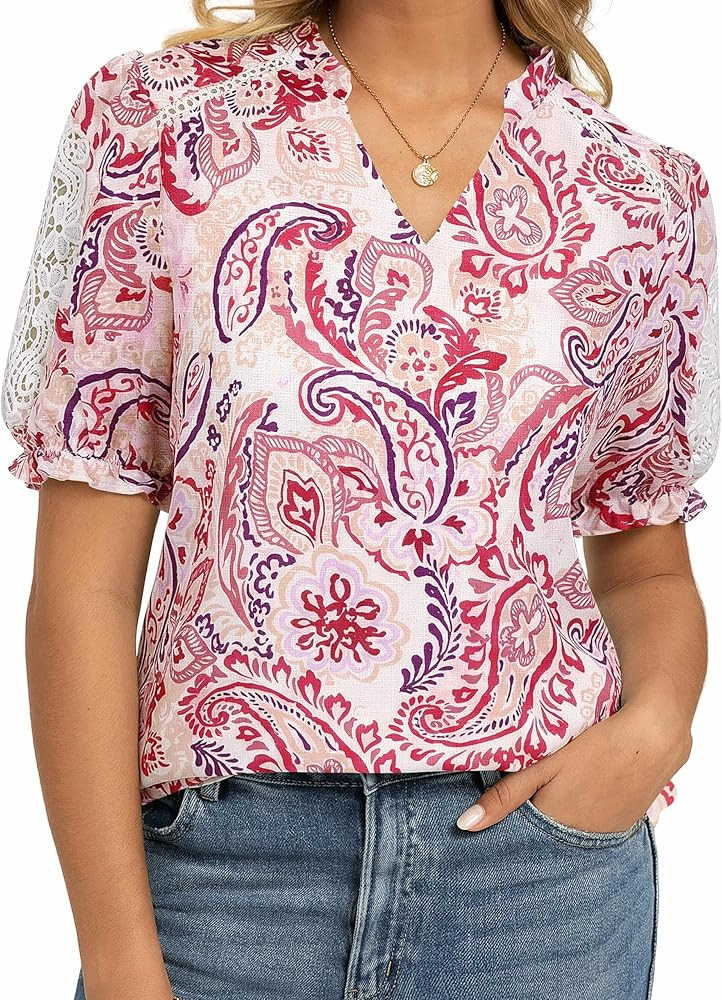GRACE KARIN Women Boho Floral Tops, Summer Short Sleeve Shirts, V Neck Dressy Casual Blouse Work ... | Amazon (US)
