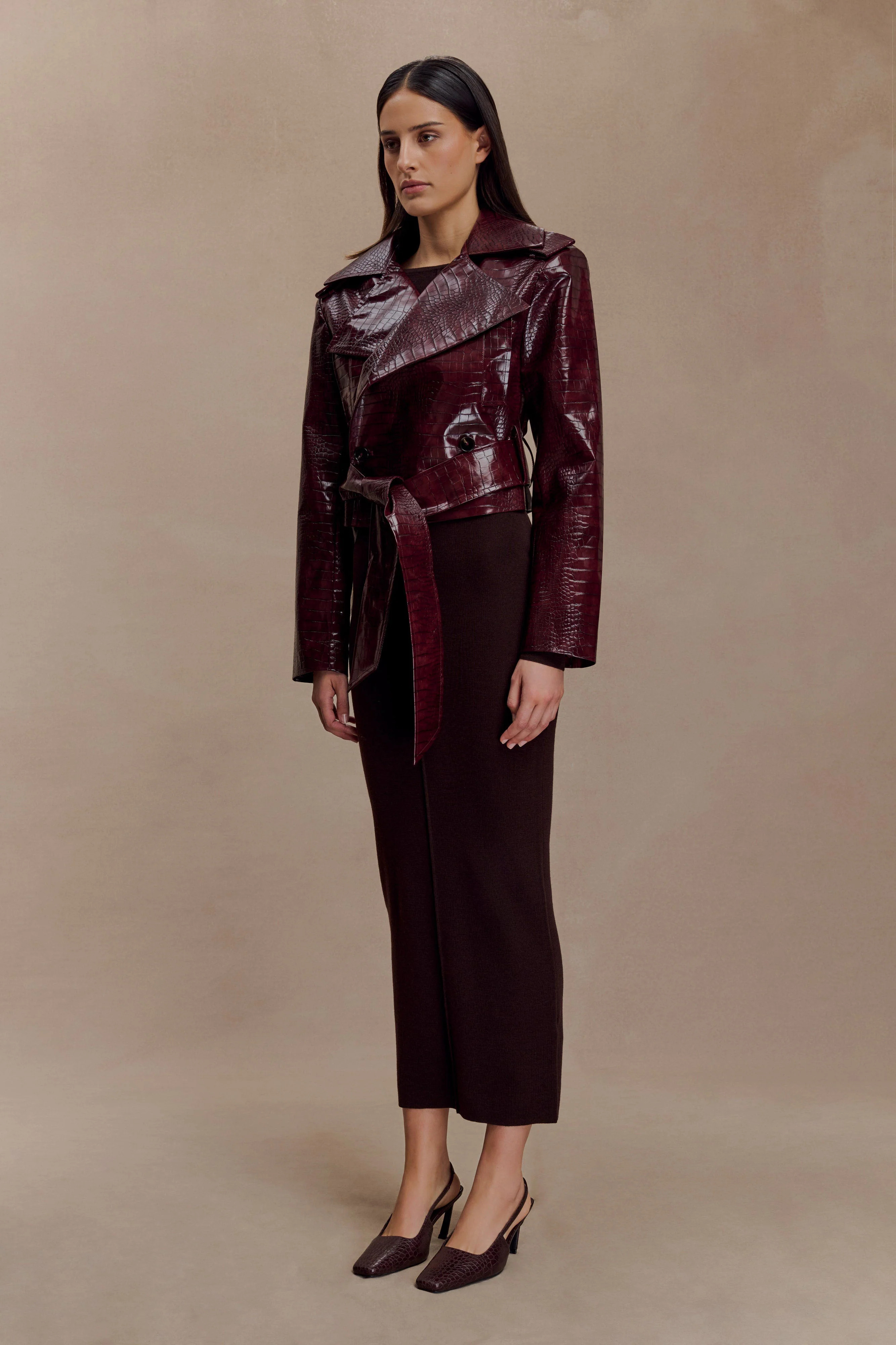 Archie Croc Faux Leather Cropped Jacket - Burgundy | MESHKI US