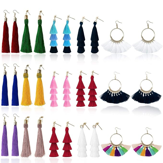 Tassel Earrings for Women Fashion - 15 Pack Colorful Drop Hook Fringe Earrings Set Tiered Thread ... | Amazon (US)