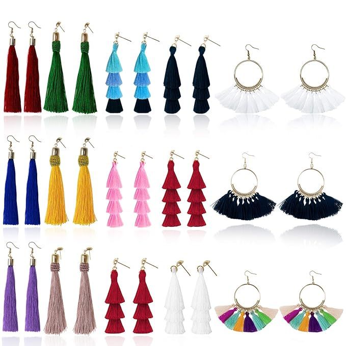 Tassel Earrings for Women Fashion - 15 Pack Colorful Drop Hook Fringe Earrings Set Tiered Thread ... | Amazon (US)