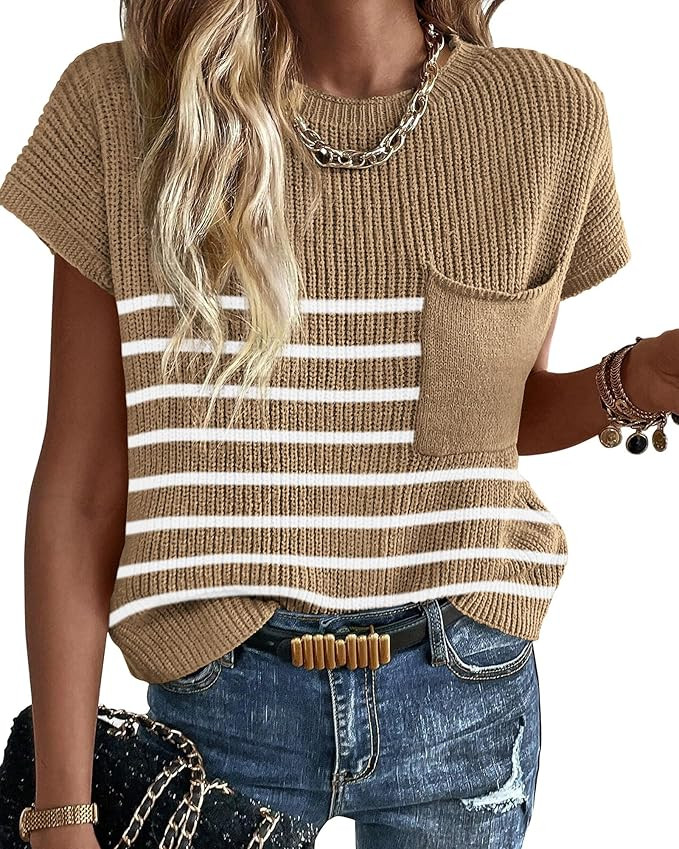 KIRUNDO Womens Spring Cap Sleeve Tops 2024 Summer Casual Crew Neck Lightweight Sweater Vest Ribbe... | Amazon (US)