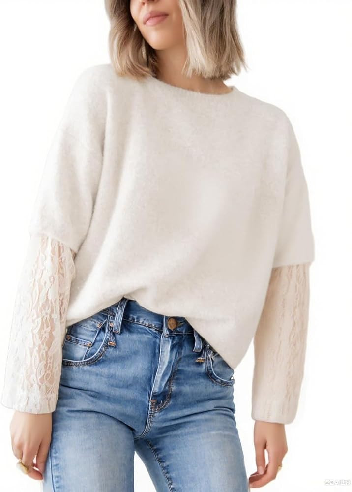 Seetaa Women's Lace Long Sleeve Sweater Crewneck Casual Loose Ribbed Knit Top | Amazon (US)