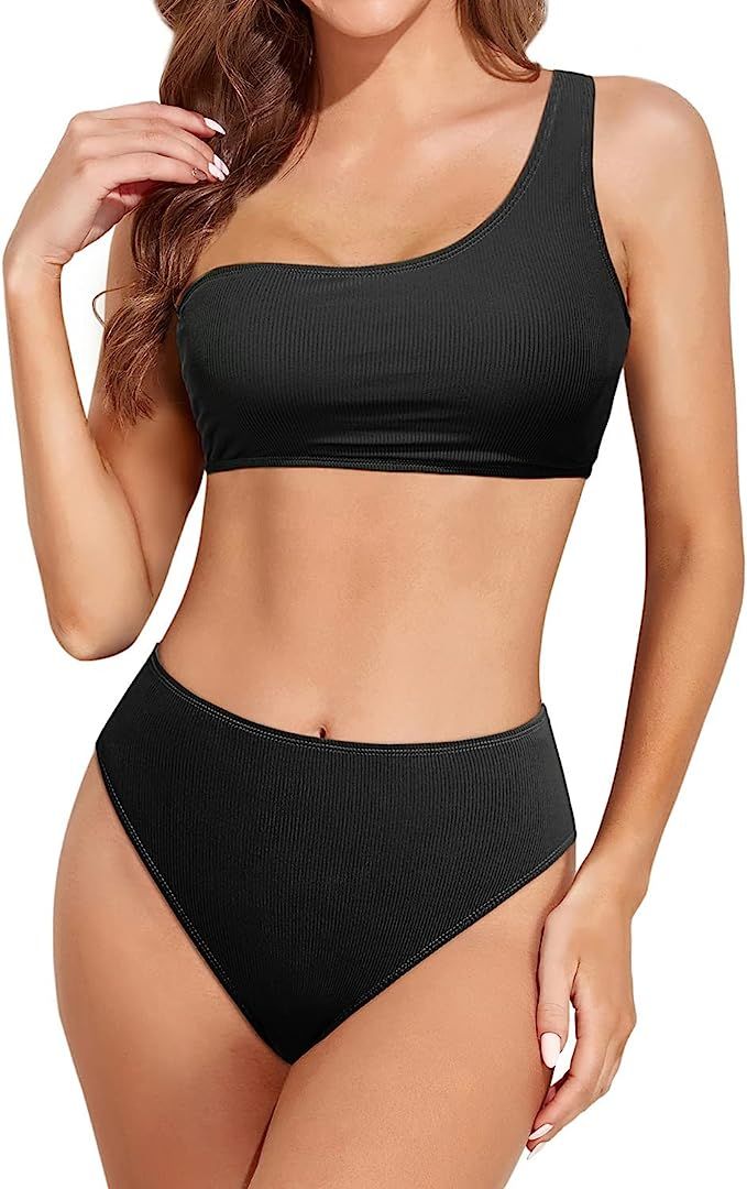 Tempt Me Women One Shoulder High Waisted Bikini High Cut Two Piece Swimsuits Sexy Bathing Suit wi... | Amazon (US)