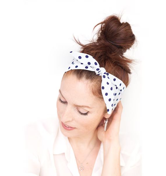 White Polka Dot Headband Dolly Bow Rockabilly Navy and White Pinup Bandana Retro Hair Accessories Vi | Etsy (US)